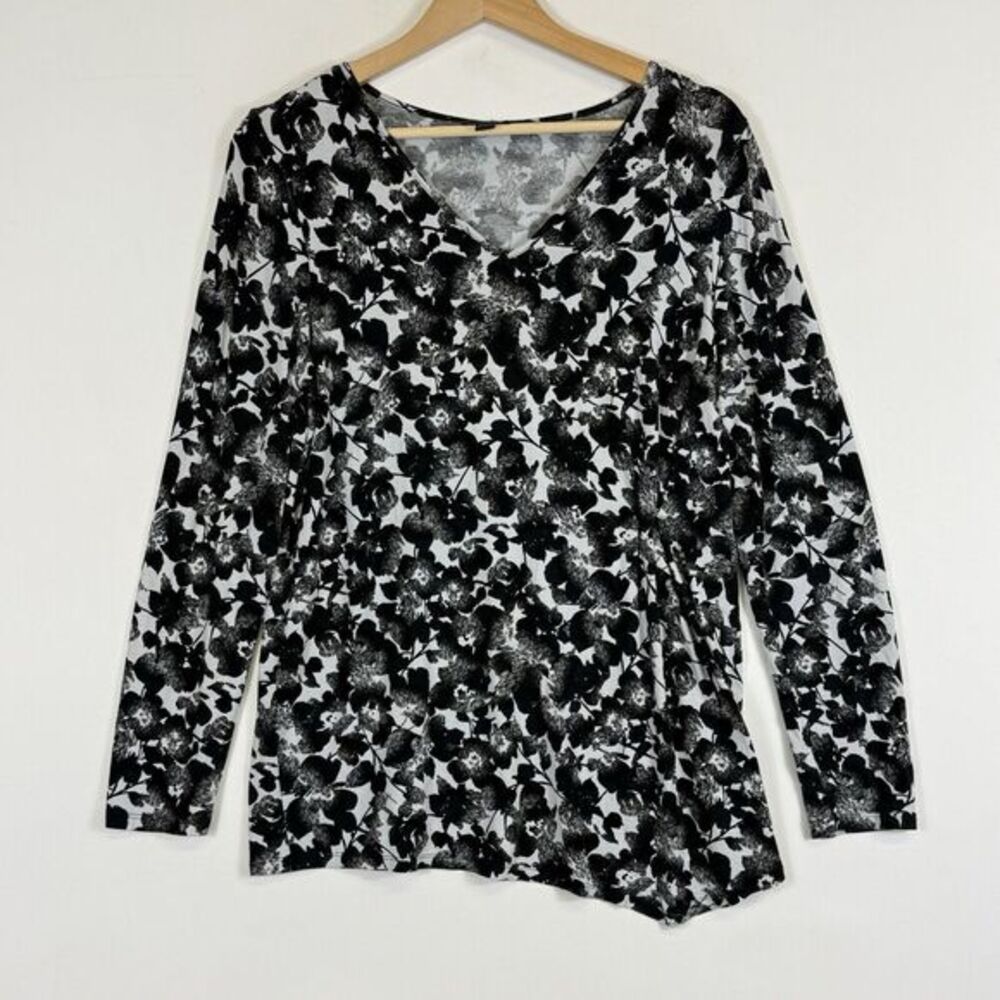 J. Jill Wearever Women Small Top Black White Floral Soft Knit Comfy Relaxed Luxe